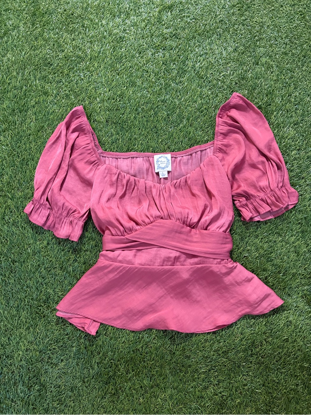 Blue Rain Rose Pink Puff Sleeve Wrap Peplum Top
